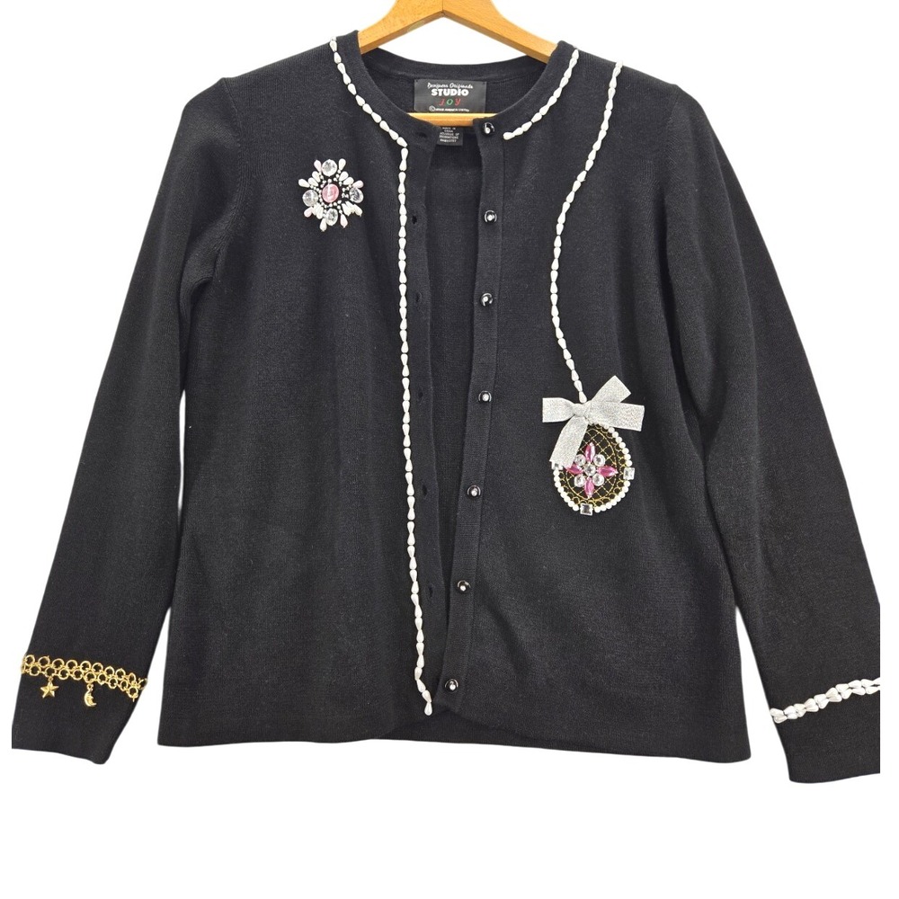 DESIGNER'S ORIGINALS  Studio Joy Black Pearl Rhinestone Cardigan Sweater Size PS